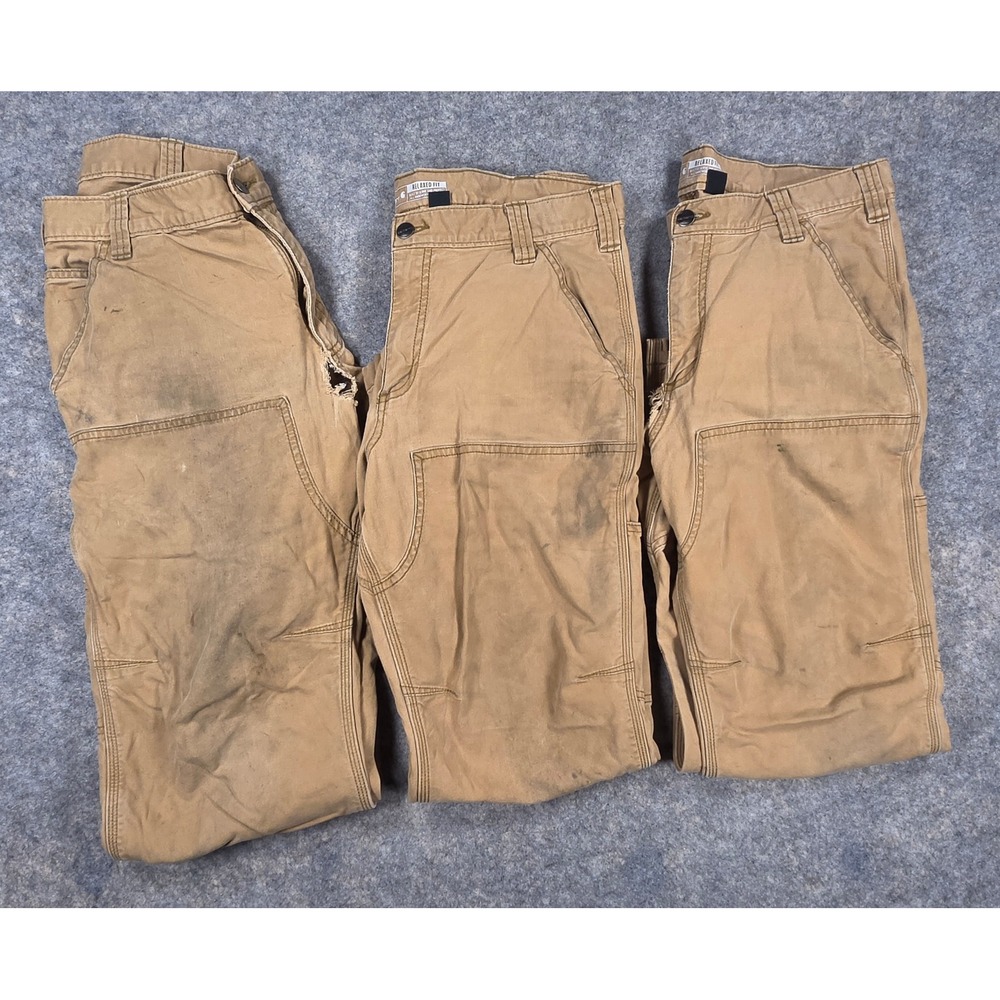 Lot of 3 Carhartt Double Knee Work Pants Tan 34x30 Distressed Thrashed Bundle